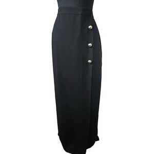 Women's Black Long Pencil Skirt Large Gold‎ Side Buttons Thigh-High Slit RT$180